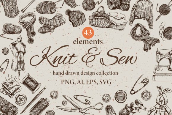 Download Knitting and Sewing Sketch Clipart Set - Set Collection