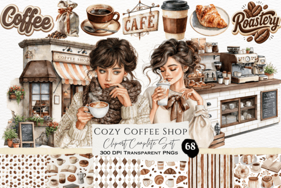 Download Cozy Coffee Shop Watercolor Clipart Set - Set Collection