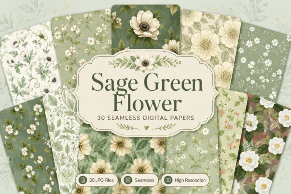 Download Seamless Sage Green Flower Digital Set - Set Collection